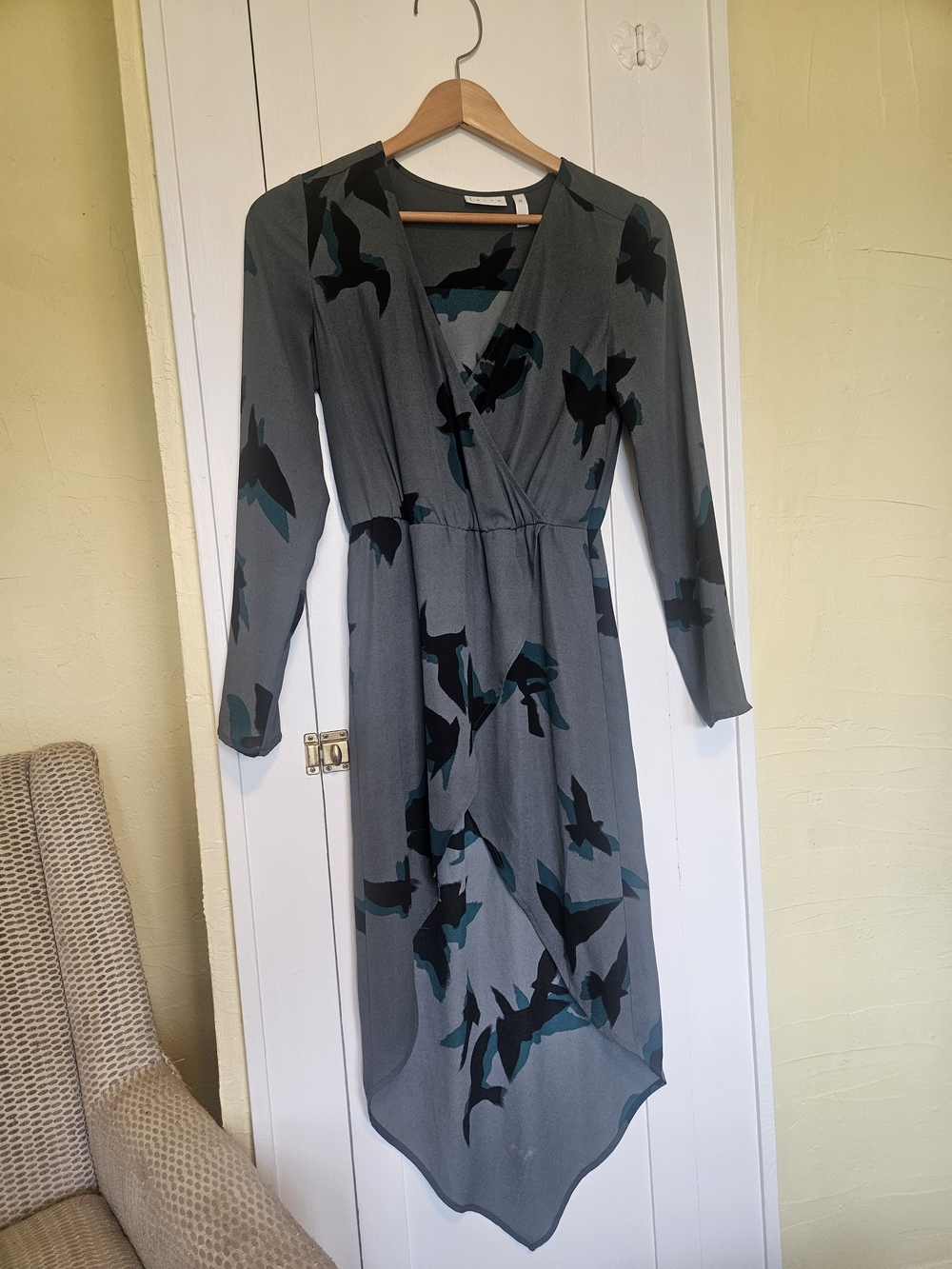 Grey Leith long-sleeve wrap dress bird Pattern Size Xs